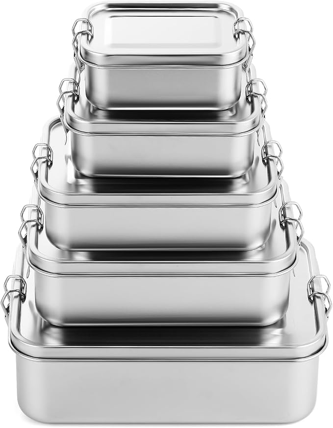 Umigy 5 Pcs Stainless Steel Food Containers 550/850/1200/1400/2400 ml Metal Bento Lunch Box Stainless Steel Food Storage Containers Lockable Clips to Leak Proof Reusable Dishwasher Snack Boxes