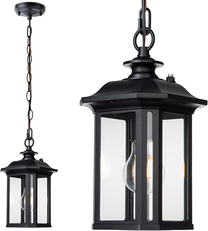 JYZ Dusk to Dawn Outdoor Pendant Lighting Exterior Hanging Lantern Light Fixture Classic Black Outdoor Chandelier Outside Ceiling Mount Hanging Lamp for Porch Hallway Foyer Patio Gazebo Pergola