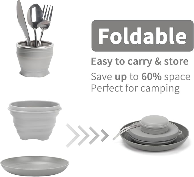 7pcs/Set Camping Mess Kit - Foldable Camping Utensils Portable Travel Silverware Set with Silicone Cup Silicone Bowl Plastic Plate Stainless Steel Tableware Camping Mess Kit for 1 Person