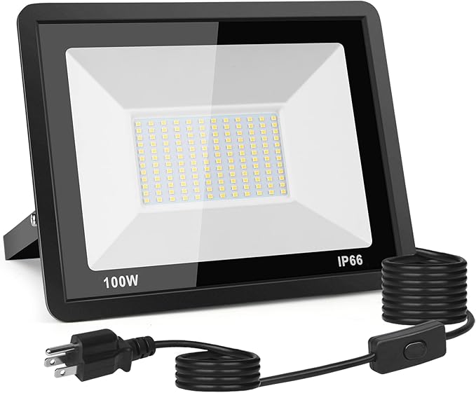 100W LED Flood Light Outdoor 10000LM Bright Plug-in Flood Lights with Switch IP66 Waterproof Exterior Security Lights LED Work Light for Garage Yard Garden Playground Stadium Arena