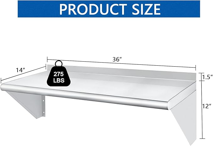 HARDURA Stainless Steel Shelf 14 x 36 275lb Commercial Shelves Wall Mount Metal Shelving with Backsplash and Brackets for Kitchen Restaurant Laundry Room and Home