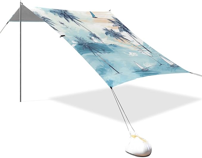Palm Trees Blue Beach Tent Sun Shelter 9.2' x 10.5' Beach Canopy with 4 Sandbags 4 Stability Poles Sand Shovels - Tent Canopy for Beach Camping Fishing Picnics