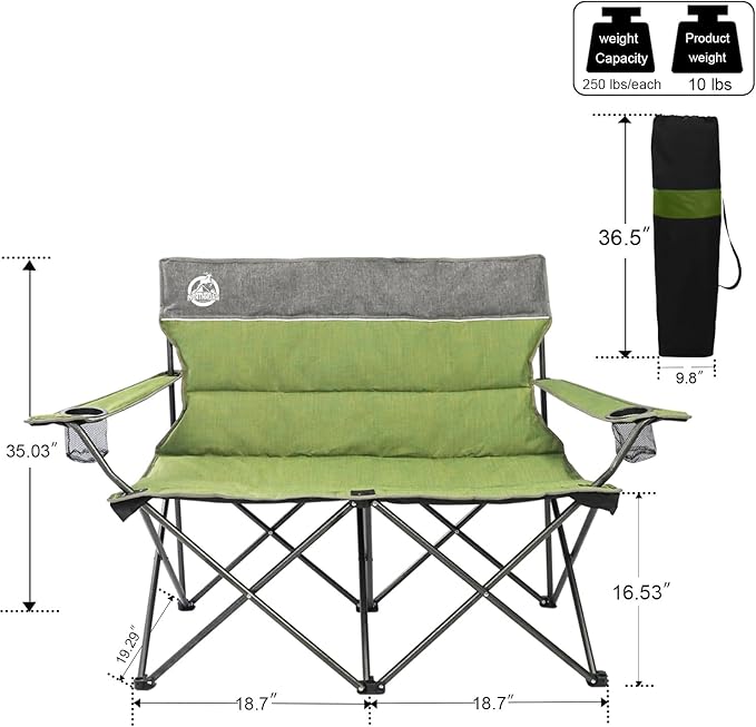 Northroad Outdoor Camping Chair Set of 3Folding Padded Camp ChairCollapsible Conversation Set w/1 Sofa2 Single Chairs for Family PatioBeach (Green)