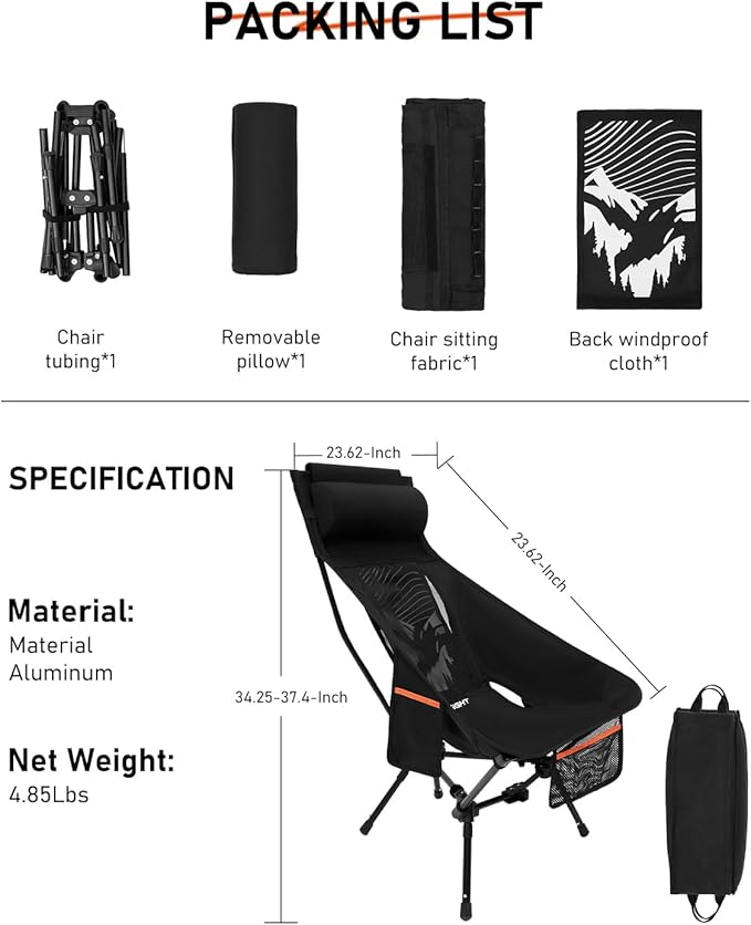 NOVSIGHT Camping Chairs - High Back Camping Chair with Adjustable Headrest and Feet Lightweight Aluminum Frame Breathable Mesh Folding Portable Camp Chair for Outdoor Hiking Beach Picnic