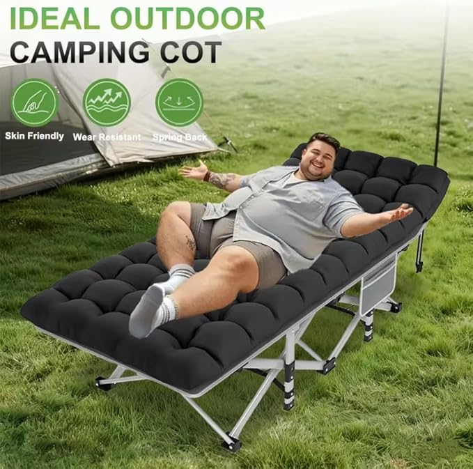 1200D Oxford Canvas Folding Camping Bed Adult Soft Foam Mat and Carrying Bag - Double Deck PortableOutdoor Folding Chair with MattressCamping Equipment (Grey-660(with Disposable Sheet))