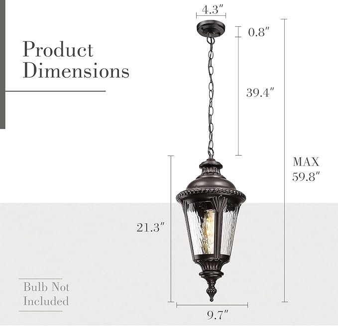 Emliviar 21.3 Modern Hanging Porch Light with Adjustable Chain Water Ripple Glass Outside Hanging Lighting in Oil Rubbed Bronze Finish XE265H-M ORB-SW