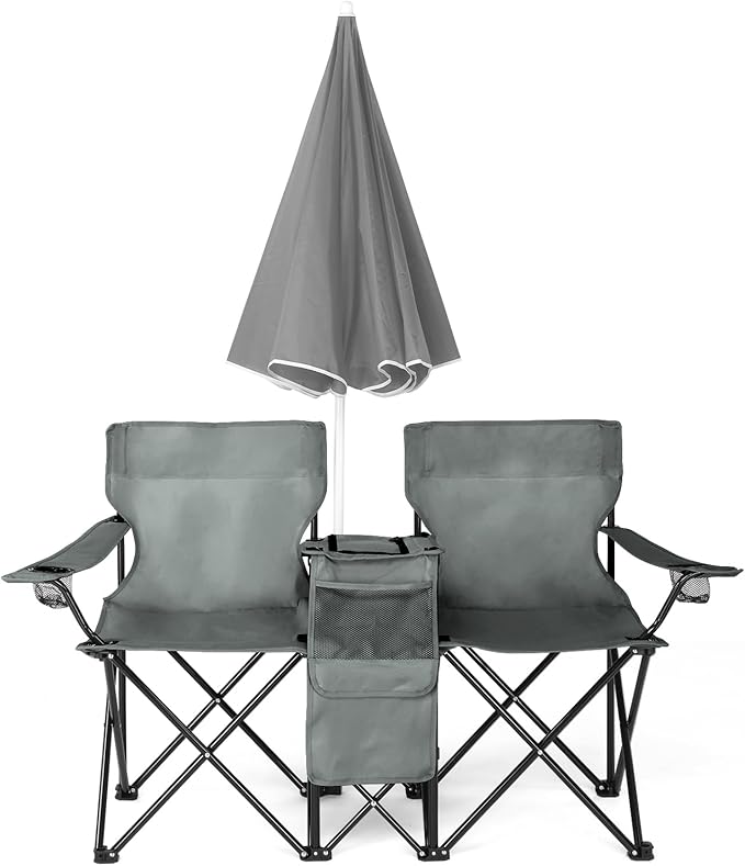 Portable 2-Seat Folding Chair with Removable Sun Umbrella Outdoor Lounge Chair for Fishing Camping Beach Grey