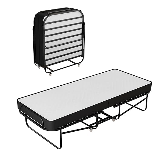 Spring Coil 16-Inch Rollaway Folding Cot Bed with 5 Memory Foam Mattresses Sturdy Metal Folding Frame Fully Assembled Great for Adults and Kids Twin White
