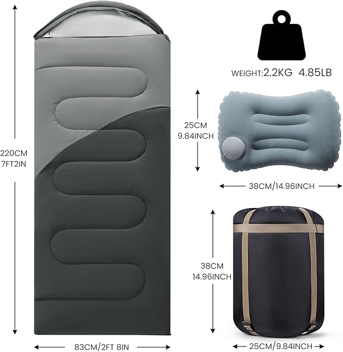 Sleeping Bags for Adults &amp Kids Lightweight Waterproof 3-4 Season Warm with Inflatable Pillow–Compact Portable Sleeping Bag for Cold Weather Camping Hiking Travel Indoor/Outdoor Use