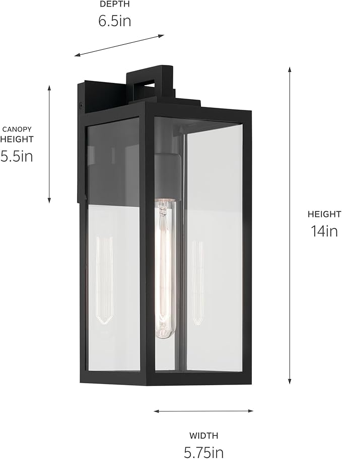 Kichler Branner 1-Light Textured Black Luxe Updated Traditional Outdoor Wall Light with Clear Glass for Exterior Doors Garage Porch or Patio Walls (5.75 W x 14 H) 59111BKT