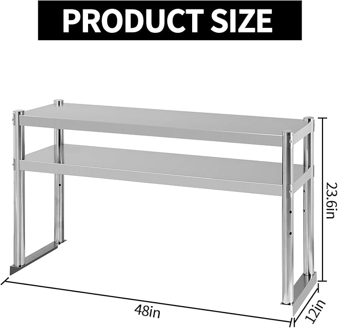 Stainless Steel Double Overshelf 48''L x 12''W Commercial 2 Tier Overshelf Height Adjustable Overshelf for Prep Work Table in Kitchen Restaurant