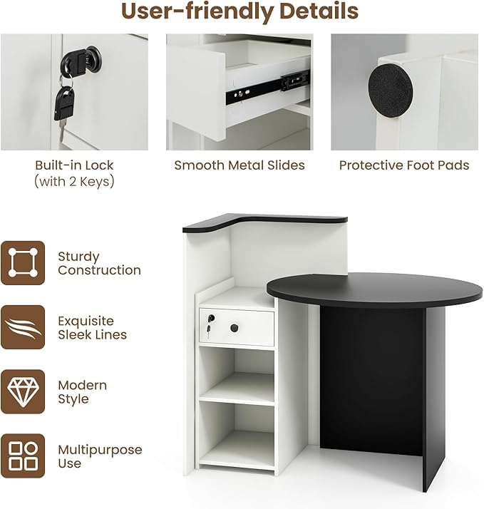 Reception Desk Front Desk Reception Counter with Oval Desktop Open Shelf &amp Lockable Drawer Small Retail Checkout Counter Table Wood Computer Workstation for Home Office Lobby &amp Salon