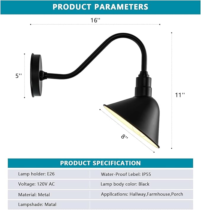 AGB101-AA11-MB Barn Lights Outdoor Fixture with Gooseneck Lamp - Classic Gooseneck Light Dome | Wall Mount RLM Design for Patios Gardens Entryways Garages Exterior Home Lighting