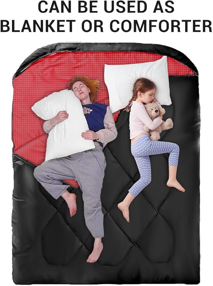 Double Sleeping Bag for Adults CampingBring Pillow XL Queen Size Sleeping Bags for 2 Person Hiking Backpacking Lightweight Waterproof with Compression Sack