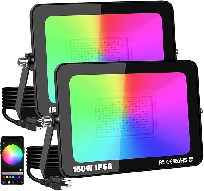 RIGIDON 2 Pack 150W LED Flood Light Outdoor with Plug Smart RGB DIY Scenes Color Changing Landscape Lighting with APP Control IP66 Waterproof Flood Lights for Garden Yards Stage House