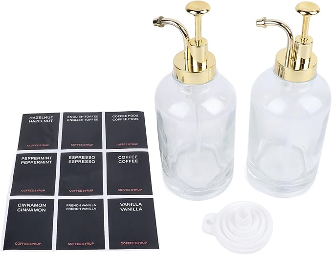 Fydun 2PCS Glass Syrup Pump Dispensers with 9 Labels and Silicone Funnel - Elegant Bar Accessory for Coffee Oils and Dressings - 500ml Acity - Gold Finish