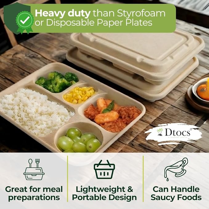 Dtocs Bamboo Fiber 5 Compartment Plates with Lid Set (20 Pcs.) 9 | Heavy Duty Multipurpose Sectional Trays Divided Plate | Microwavable Bamboo Disposable Trays Alt to Plastic Portion Paper Plates