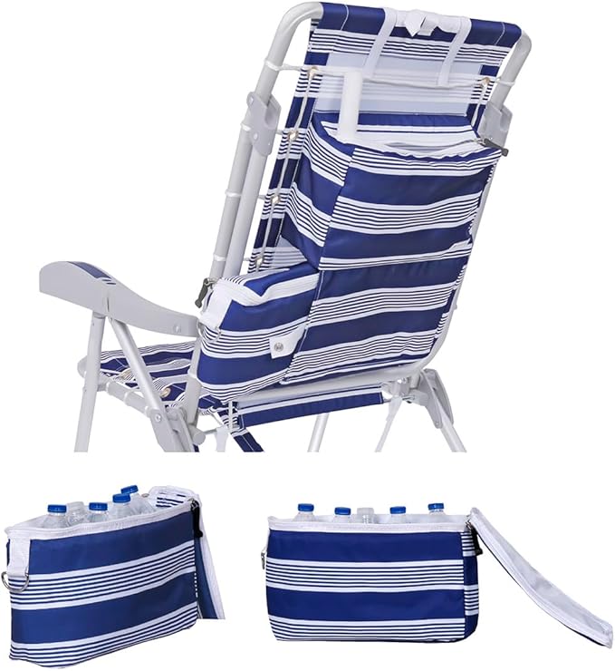 Ultimate Heavy Duty Aluminum Folding Backpack Beach Chair for Adults | Lay Flat 5 Reclining Positions | Removable Insulated Cooler Pouch | 300 lbs Weight Capacity