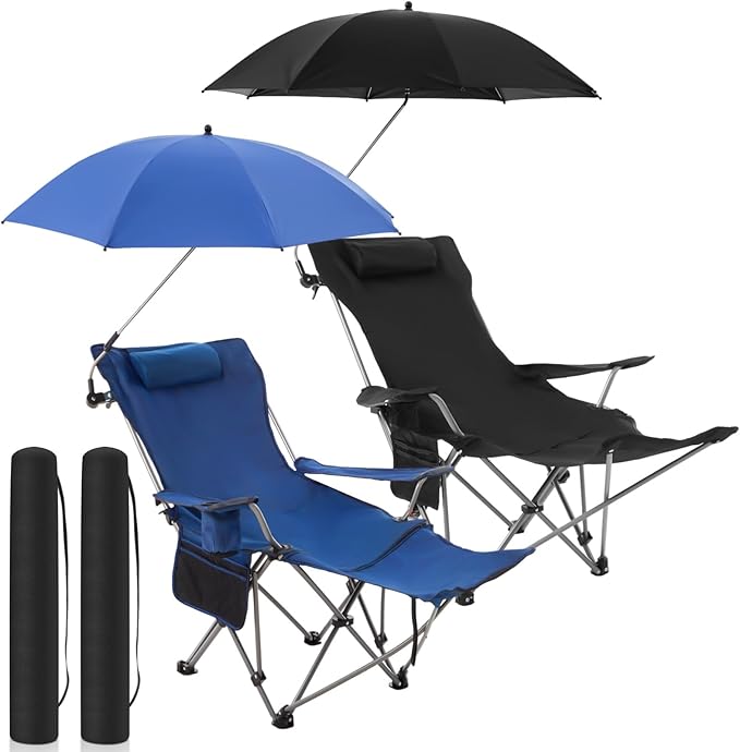 2 Set Reclining Camping Chair with Umbrella Clamp Adjustable Beach Chair with Foot Rest SPF 50+ Folding Shade Camping Lounger Recliner for Adult Outdoor(BlackBlueOxford)