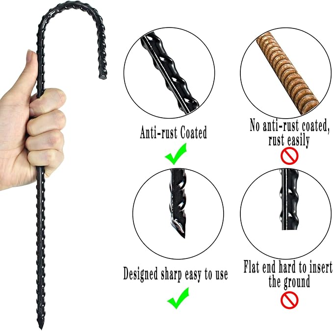 12 Inch Rebar Stakes Heavy Duty J Hook Coated Steel Ground Stakes Tent Stakes Ground Anchors for Chain Link Fence Stakes and Trampoline Stakes (24)