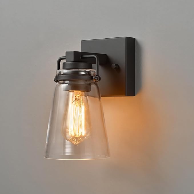 GLOBE Electric 60000174 1-Light Dusk to Dawn Outdoor Wall Sconce Matte Black Clear Glass Shade E26 Bulb Weather Resistant