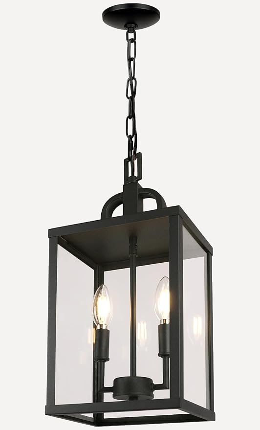 Large Outdoor Indoor Pendant Light 2-Light Modern Black Metal Outside Chandelier Exterior Hanging Fixture Ceiling Mount with Clear Glass Shade for Front Porch Entrance Foyer Entryway (Bulb Included)