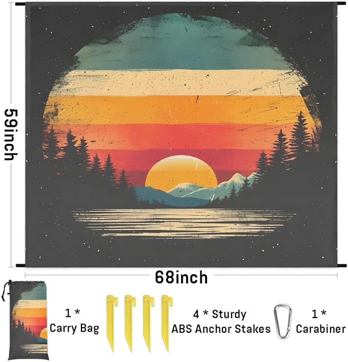 Mountain Beach Blanket Sandproof Beach Mat 68 x 59 Waterproof Quick Drying Sand Free Mat with 4 x Ground Spikes for Outdoor Travel Camping Hiking Cool