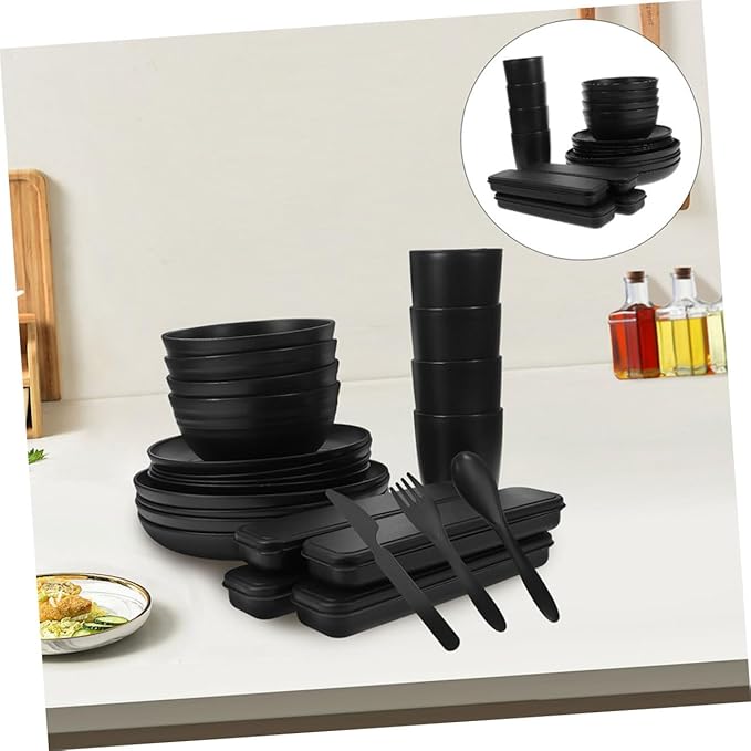 Alipis 4 Sets Box Cutlery Set Camping Dishes Utensils Noodle Bowl with Tableware Reusable Utensils with Case Portable Tableware Bento Bowl Food Bowl Party Dinnerware Bowl Plate Dinnerware Black