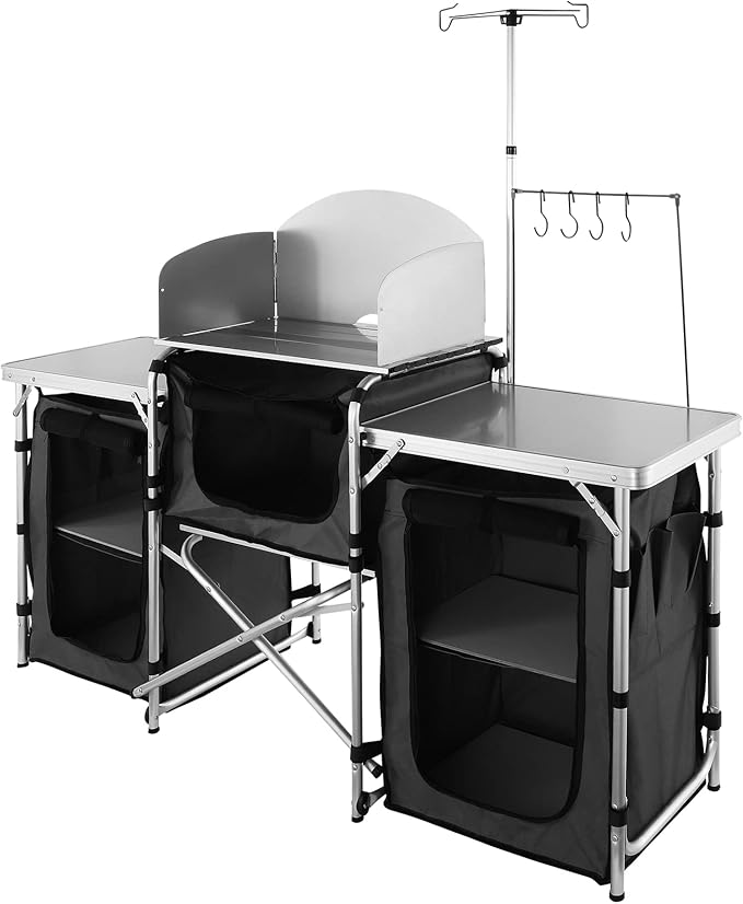 VEVOR Camping Kitchen Table Folding Outdoor Cooking Table with Storage Carrying Bag Aluminum Cook Station 3 Cupboard &amp Detachable Windscreen Quick Set-up for Picnics BBQ RV Traveling Black