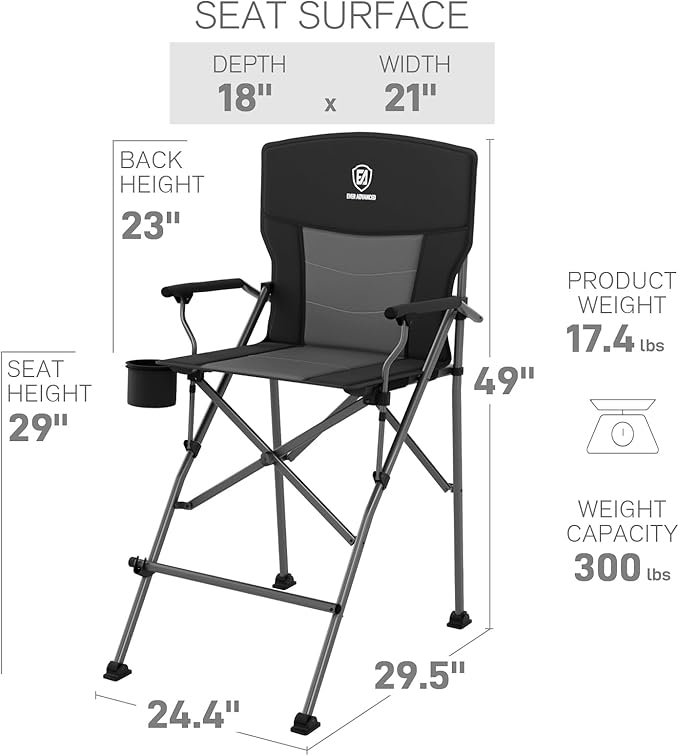 EVER ADVANCED Tall Camping Directors Chair with Cup Holder 31 Bar Height Folding Chair for Camping Sports with Carry Bag Mesh Pockets and Footrest Heavy Duty 300 lbs Black
