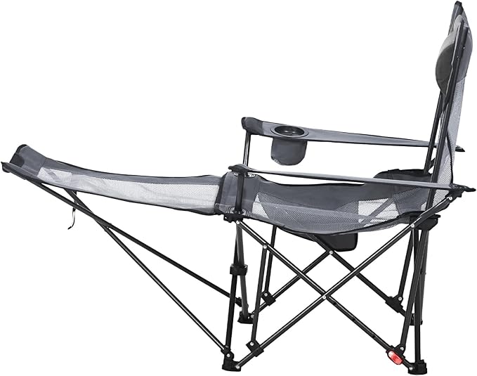 VEVOR Reclining Camping Chair 4 Adjustable Positions Portable Folding Lounger for Adults Mesh Beach Chair with Headrest &amp Foot Rest Supports 220 lbs Heavy Duty Camp Chairs for Patio Gray