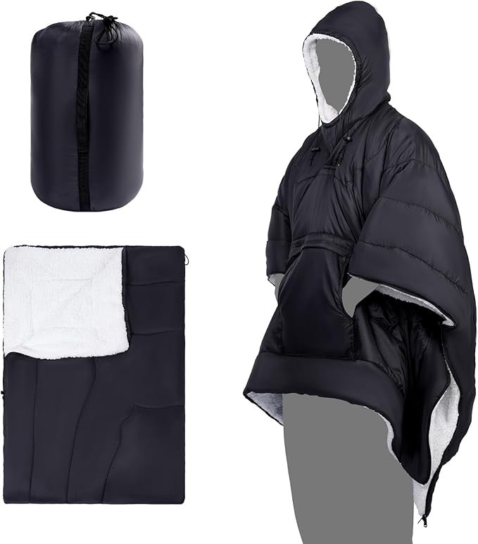 REDCAMP 4-in-1 Wearable Camping Poncho Blanket Waterproof Windproof Warm Outdoor Blanket with Hood &amp Pocket Lightweight Portable for Hiking Stadium Travel Black