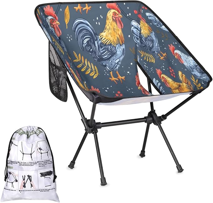 Cute Funny Chicken Portable Camping Chair Lightweight Folding Backpacking Chair Compact Foldable Beach Seat with Carry Bag for Outdoor Hiking Fishing Travel