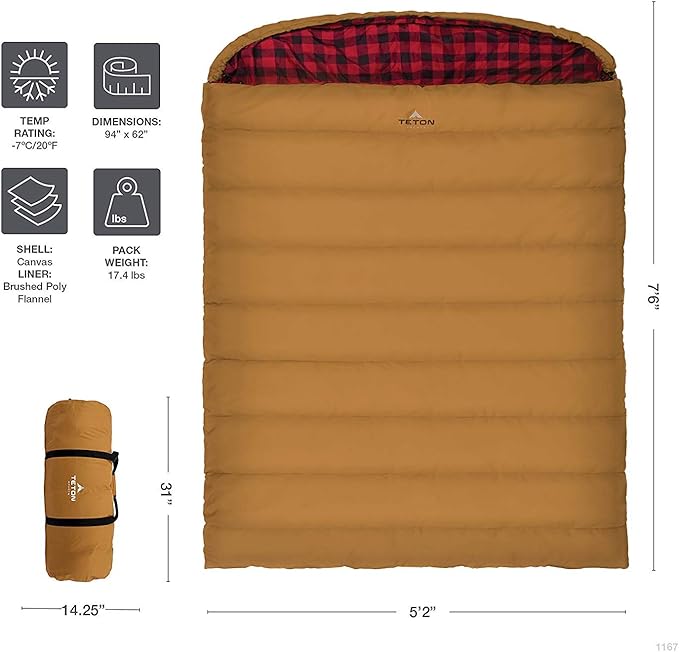 Teton Mammoth Queen Size Double Sleeping Bag- A Warm Bag The Whole Family can Enjoy – Great for Camping Hunting and Base Camp. Compression Sack Included