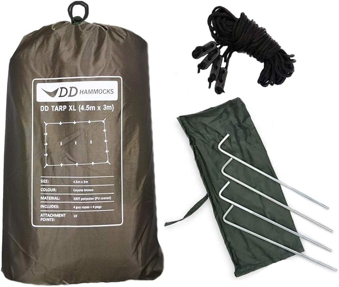 DD Hammocks - DD Tarp XL - Coyote Brown (15ft x 10ft) - 100% Waterproof Lightweight &amp Multifunctional Rainfly Extra Large Tarp Tent Shelter for Camping Bushcraft &amp Hiking Adventure