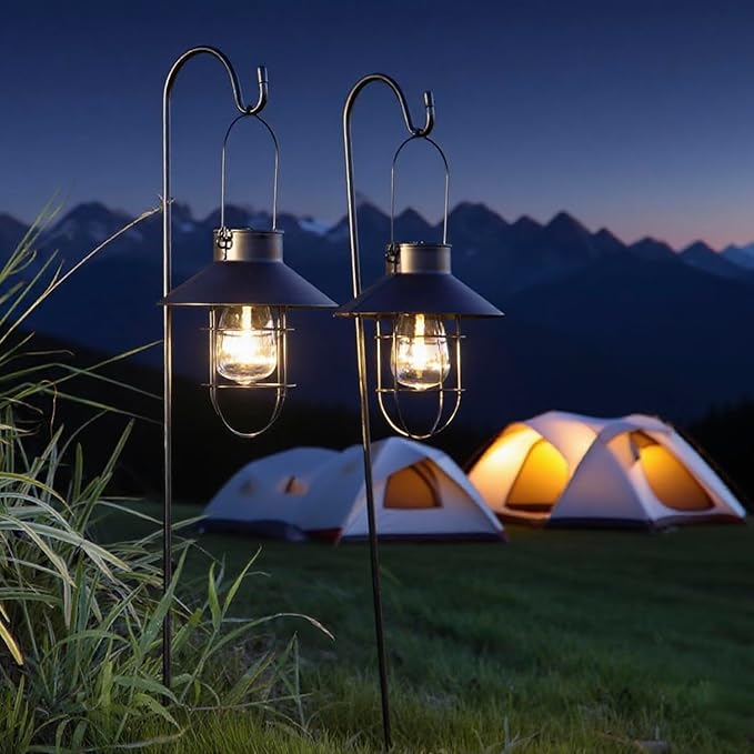 2 Pack Solar Lantern Hanging Waterproof Outdoor Metal Solar Lamp with Wall Hooks Warm White Light Decorate for Yard Garden Pathway Patio Porch Decor (Black)