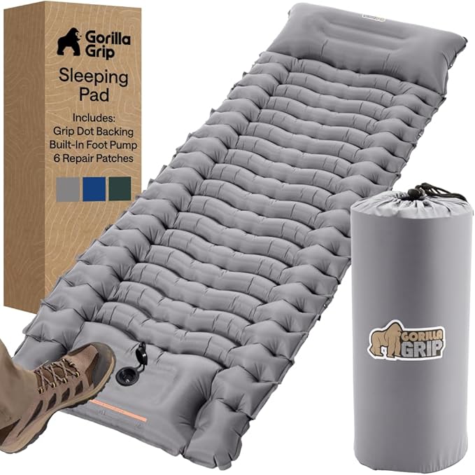 GORILLA GRIP Slip-Resistant Inflatable Sleeping Pad Puncture Resistant Lightweight Camping Mattress Foot Pump Air Mats for Travel Backpacking Inflating Bed Camp Sleep Pads for Tent Gray