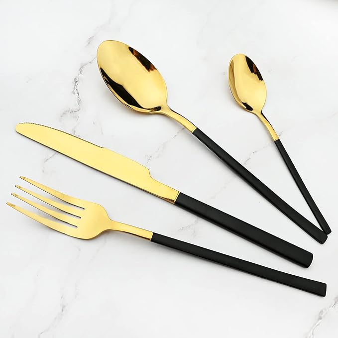 24 Piece Mirror Golden Plated 18/0 Stainless Steel Flatware Set Black Handle With Golden Mouth Silverware Set With Teaspoon Cutlery Set Service for 6