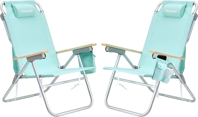 SUNNYFEEL Tall Beach Chair Reclining Beach Chair with 5-Position Portable Camping Chair for Adults with Wood Armrest Lightweight Camping Chair 300 lbs Heavy Duty Green 2 Pack