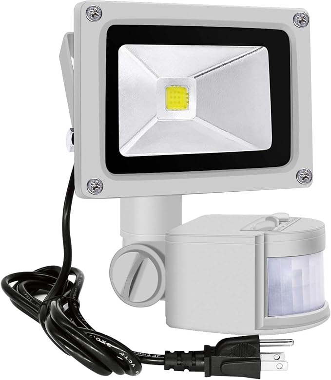 Z Motion Sensor Flood Lights Outdoor10W Induction LED Lamp IP65 Waterproof Spotlight6500K LED Sensor LightSecurity Light with US 3-Plug (Daylight White Grey)