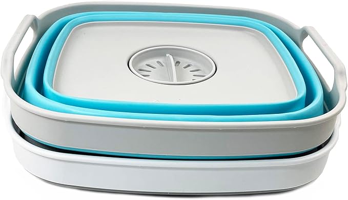 SAMMART 7.5L (2 Gallons) Collapsible Dishpan with Draining Plug - Foldable Washing Basin - Portable Dish Washing Tub - Space Saving y (Grey + Cyanine 2)