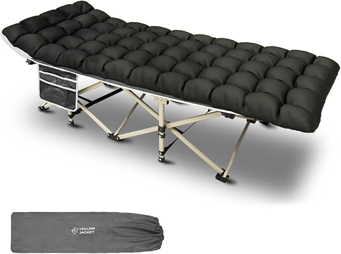 YELLOW JACKET Camping Cot with Mattress for Adults Folding Sleeping Cot 600lbs Max Load Portable Camping Cot with Carry Bag 28 Wide Cot for Camping HomeOfficeTravel (Black)