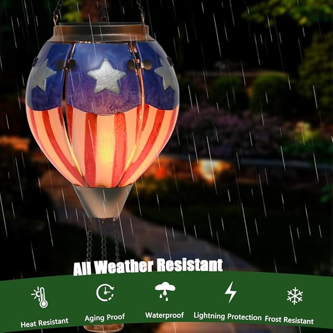 Hot Air Balloon Solar Lantern - U.S Flag Patriotic Glass Lantern Simulated Flickering &amp Dancing Flame Outdoor Hanging Yard Light Waterproof IP65 Ideal 4th of July Gift for Patriot Patio Decor