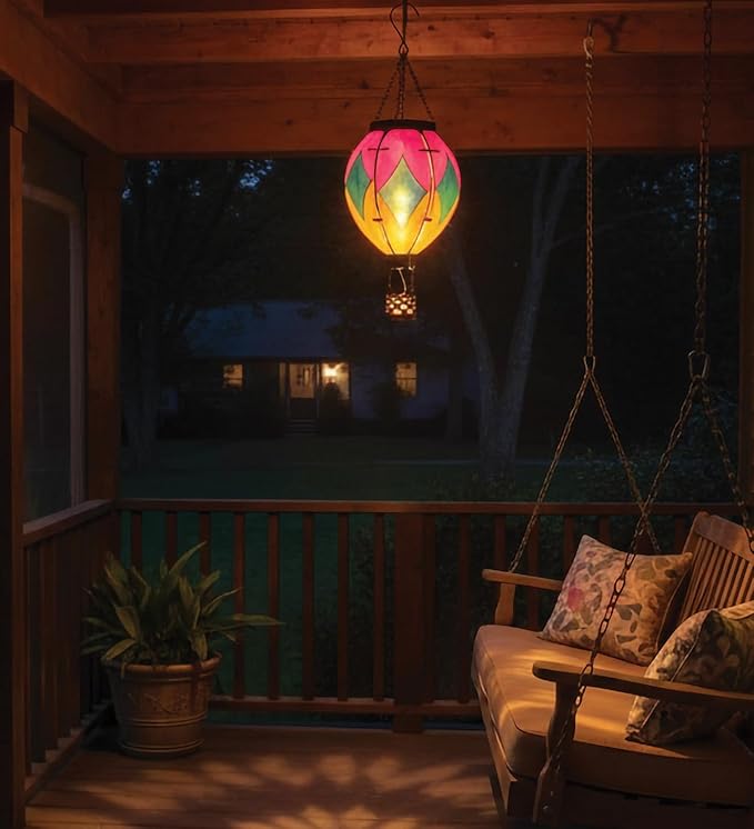 Regal Art &amp Gift Hot Air Balloon Solar Lantern – Hanging Solar-Powered LED Lights Waterproof Portable Decorative Outdoor Lamp Made of Metal &amp Glass for Garden Patios &amp Pathway – Diamond
