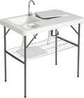 40 Folding Fish Cleaning Camping Table w/Faucet &amp Sink Outdoor Portable Fillet Station w/Grid Frame Knife Groove Multifunctional Washing Table for Camping or Kitchen White