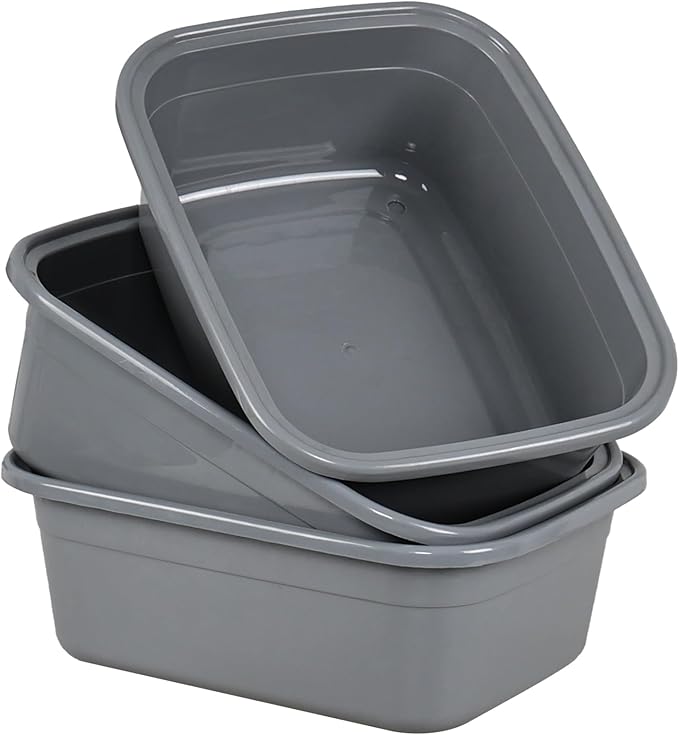 3 Pack 18 Quart Plastic Dish Pan Large Rectangular Wash Basin Grey