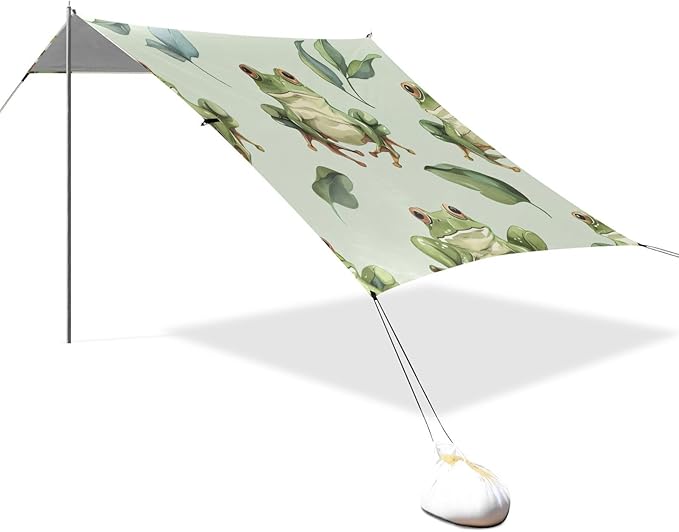 Cute Frog Pattern Beach Tent Sun Shelter 9.2' x 10.5' Beach Canopy with 4 Sandbags 4 Stability Poles Sand Shovels - Tent Canopy for Beach Camping Fishing Picnics