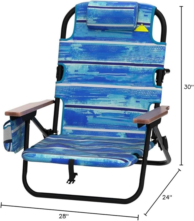 EasyGo Product Backpack Beach Chair 5 Positions and Cup Holder Pouch on Side Padded Pillow Storage Bag on Back Lightweight Rustproof Aluminum Black Frame - 1 Pack Blue