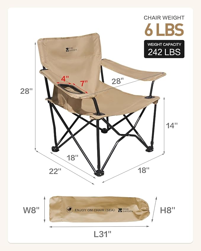 MOBI GARDEN Portable Camping Chair with Side Pockets &amp Cup Holder Carry Bag Included Great for Camping Tailgating Firepits Patio Sand