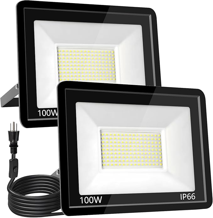 100W LED Flood Light Outdoor 14000LM Super Bright IP66 Weatherproof Plug-in Security Light with Switch and 6.56FT Wire for Garage Backyard Stadium 2Pack